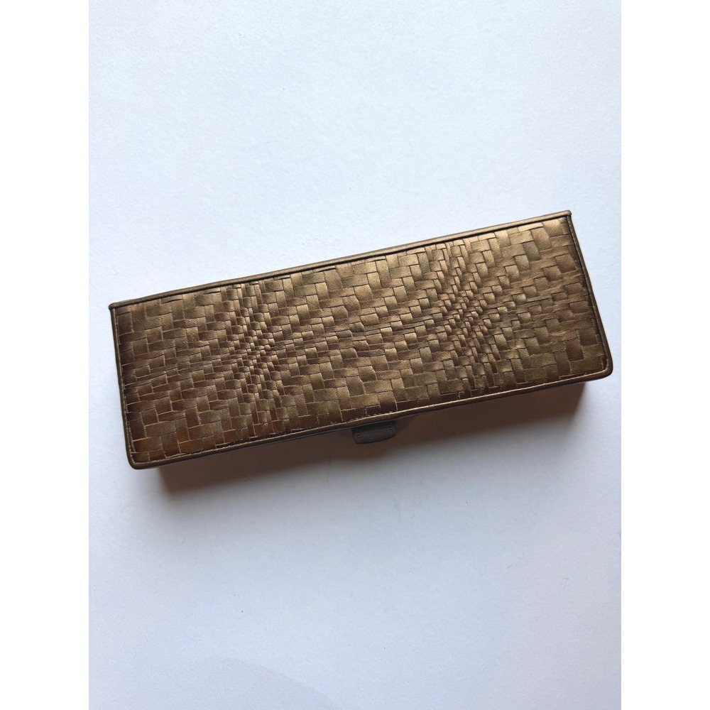 Cole Haan Jewelry Travel Case Bronze Woven Leather Mirror Suede Interior